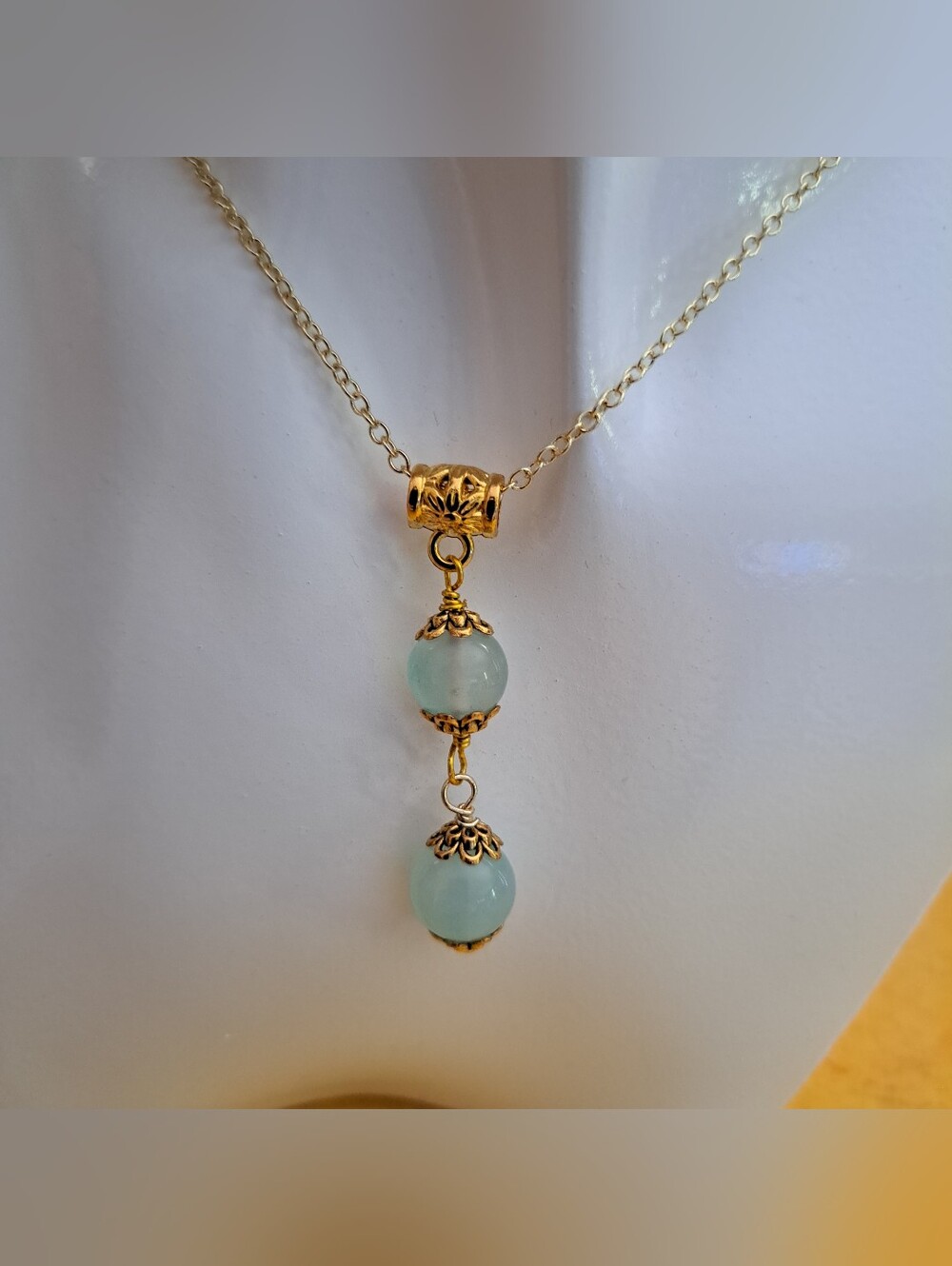 Simple Elegant Hand Crafted 19" Blue Opalite Pendant On 14K Gold Filled Chain